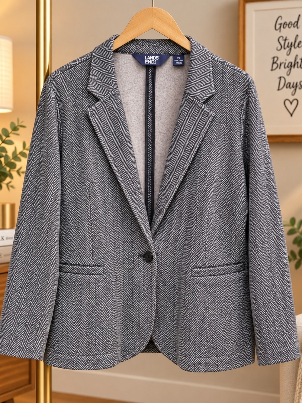 Lands' End Women's 1X16W-18W Gray Herringbone Fleece Blazer Jacket